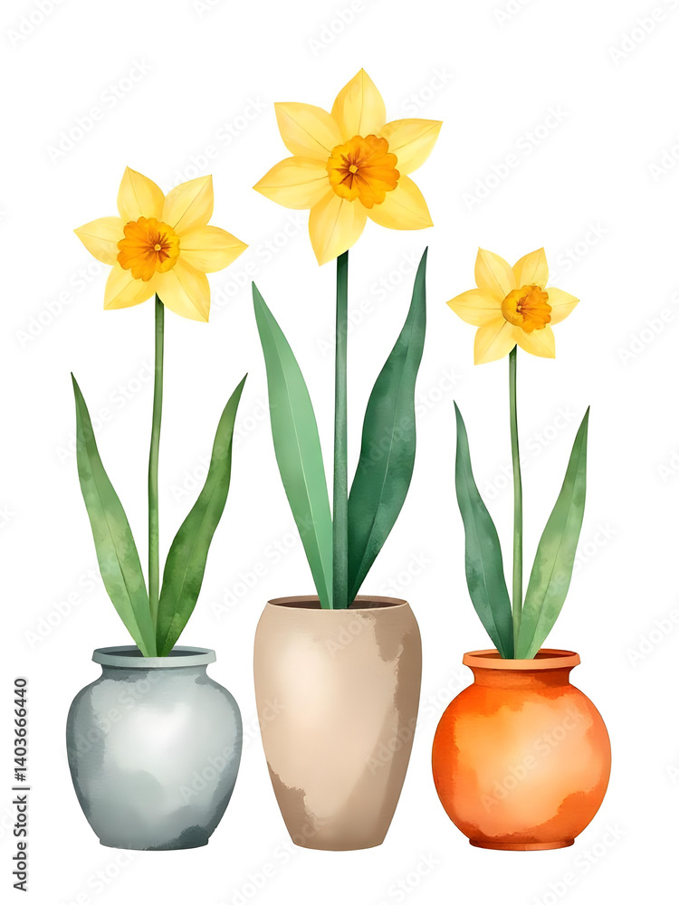 Watercolor illustration of three cheerful yellow daffodils in decorative, colorful pots against white. Watercolor illustration of three cheerful yellow daffodils in decorative, colorful pots against white.