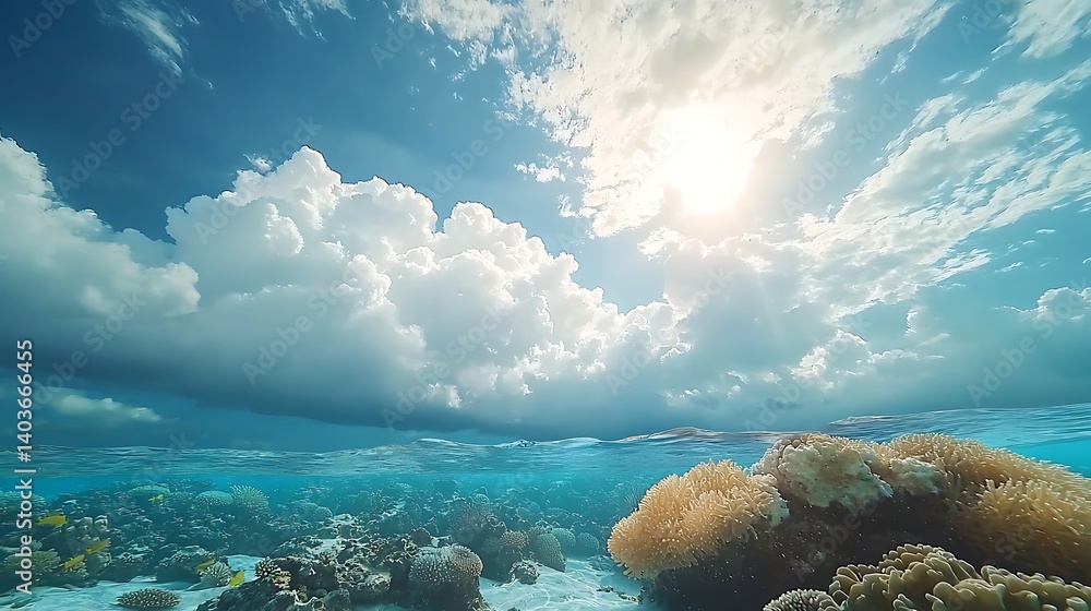 Naklejka premium Underwater Coral Reef with Sunny Sky.
