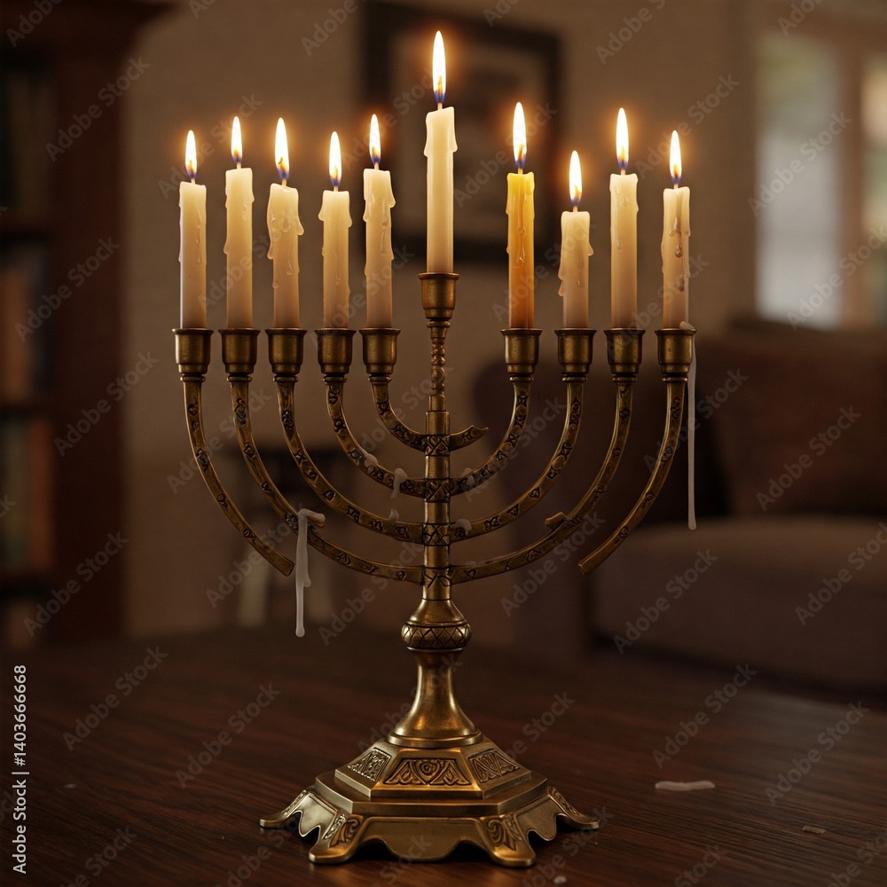 Hanukkah menorah with nine lit candles on a wooden table. Warm lighting and a blurred background. One candle is a different color. Hanukkah menorah with nine lit candles on a wooden table. Warm lighting and a blurred background. One candle is a different color.
