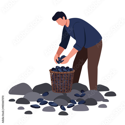 Man collecting stones from the ground in flat vector illustration