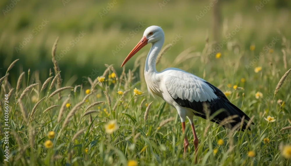 Fototapeta premium White Stork in Sunlit Meadow, Yellow Flowers and Tall Grasses