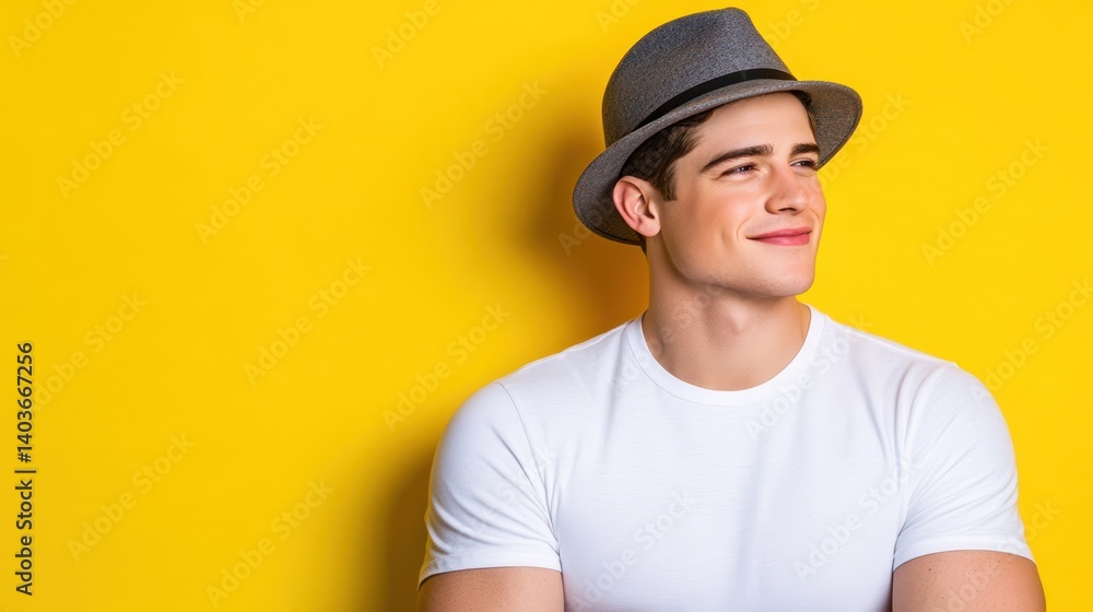 Man in Hat Against Yellow Background: A young man with a thoughtful expression, wearing a gray fedora and a white t-shirt, poses against a vibrant yellow backdrop. Man in Hat Against Yellow Background: A young man with a thoughtful expression, wearing a gray fedora and a white t-shirt, poses against a vibrant yellow backdrop.