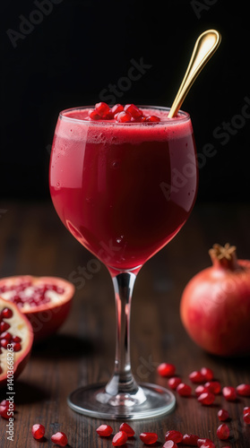 Wallpaper Mural Bright red pomegranate juice is served in an elegant glass with a golden spoon. Pomegranate seeds and whole fruit are scattered around on a dark wooden table, creating a vibrant look Torontodigital.ca