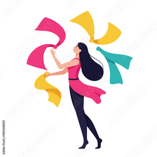 Woman gracefully dancing with colorful ribbons in flat vector art
