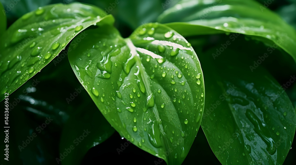Obraz premium Vibrant green leaves glistening with fresh rainwater, nature's refreshment
