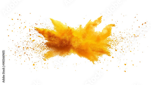 Holi paint explosion of dry yellow paints on a white transparent background.  Colorful holi powder on white background.