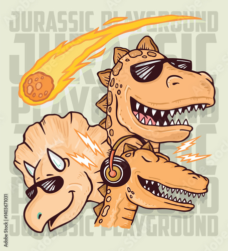 Cartoon style illustration of group of stylish dinosaurs.