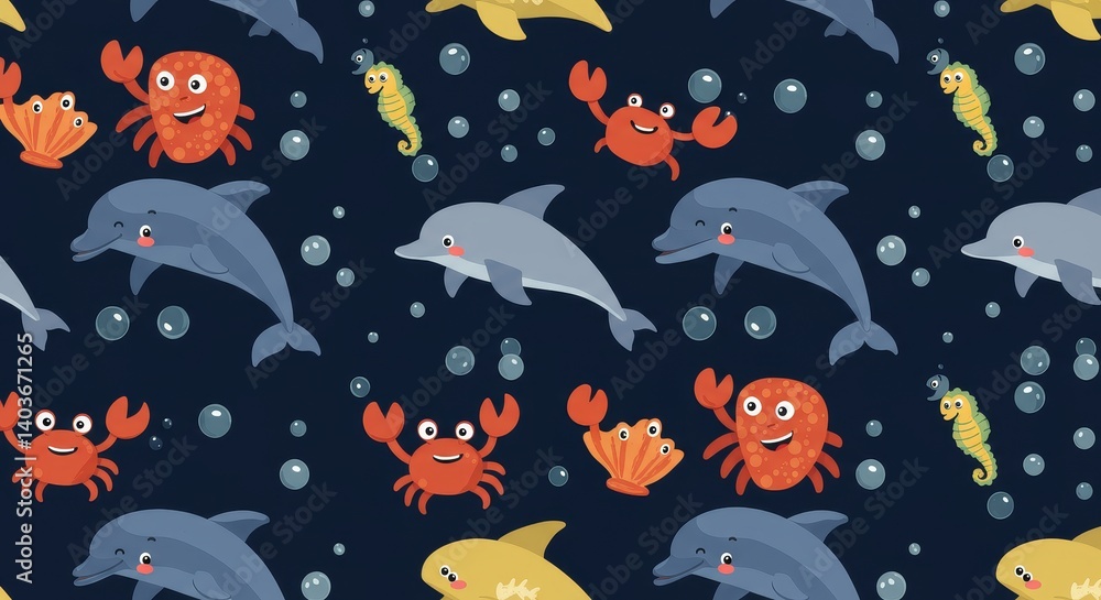 Underwater pattern with dolphins crabs seahorse and bubbles Underwater pattern with dolphins crabs seahorse and bubbles