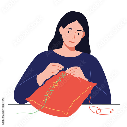 Woman sewing on a bright pillow in a minimal flat vector illustration