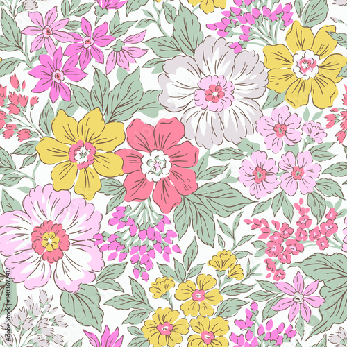 Vintage seamless floral pattern. Liberty style background of small pastel colorful flowers. Small flowers scattered over a white background. Stock vector for printing on surfaces. Easter flowers.