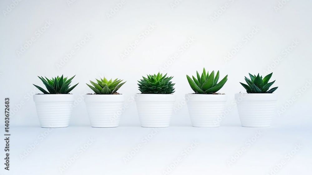 Small succulent plants in white pots arranged in a row Small succulent plants in white pots arranged in a row