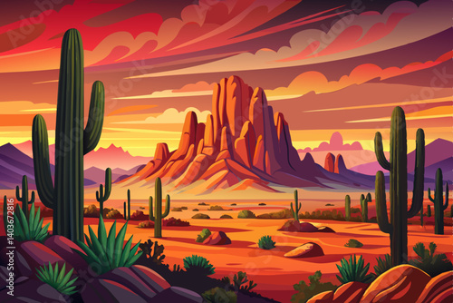Arizona desert view with Superstitious mountains and Saguaro cactus vector cartoon at sunset time