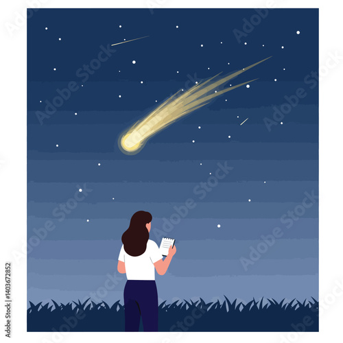 Woman gazing at shooting star in night sky, flat vector art design illustration