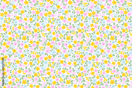 Vector seamless pattern. Pretty pattern in small flowers. Small pastel colors flowers. White background. Ditsy floral background. Delicate Easter template for fashion textile prints. Stock vector.
