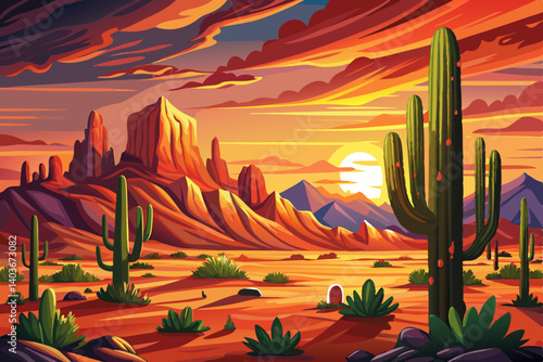 Arizona desert view with Superstitious mountains and Saguaro cactus vector cartoon at sunset time