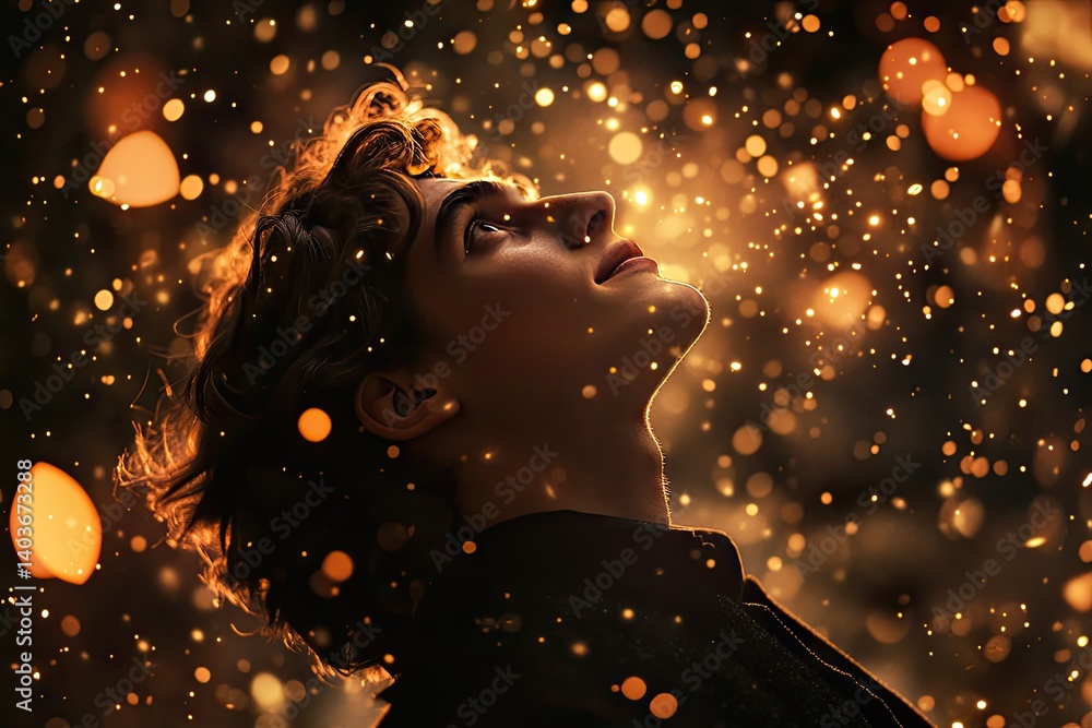 A young man gazing upwards at shimmering light A young man gazing upwards at shimmering light