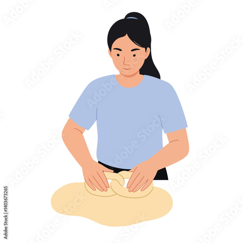 Woman kneading dough in a kitchen setting, flat design style vector illustration