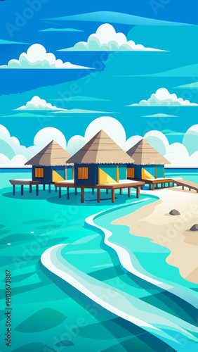 A beach scene with palm trees and small houses. The houses are clustered together and are surrounded by a sandy beach. The water is calm and the sky is blue. Scene is peaceful and relaxing