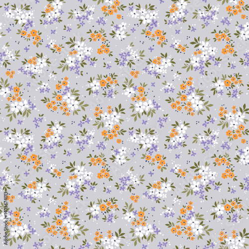 Vector seamless pattern. Liberty pattern in small flowers. Small white and orange flowers. Lilac background. Ditsy floral background. Delicate template for fashion prints. Stock vector.