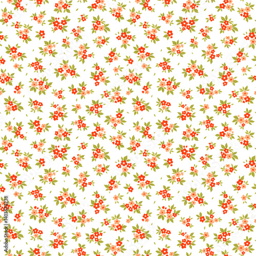 Cute floral background. Floral pattern with small red and pink hand drawn flowers on a white background. Seamless pattern for design and fashion prints. Ditsy style. Stock vector illustration.
