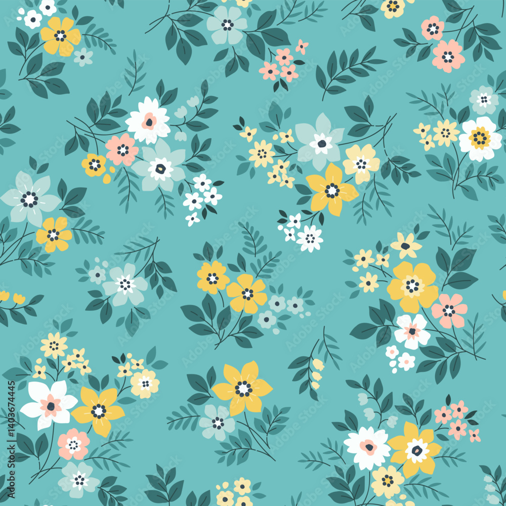 Cute floral background. Easter spring Floral pattern with small yellow, blue, pink and white flowers on light blue background. Seamless pattern for design and fashion prints. Ditsy style. Stock vector Cute floral background. Easter spring Floral pattern with small yellow, blue, pink and white flowers on light blue background. Seamless pattern for design and fashion prints. Ditsy style. Stock vector