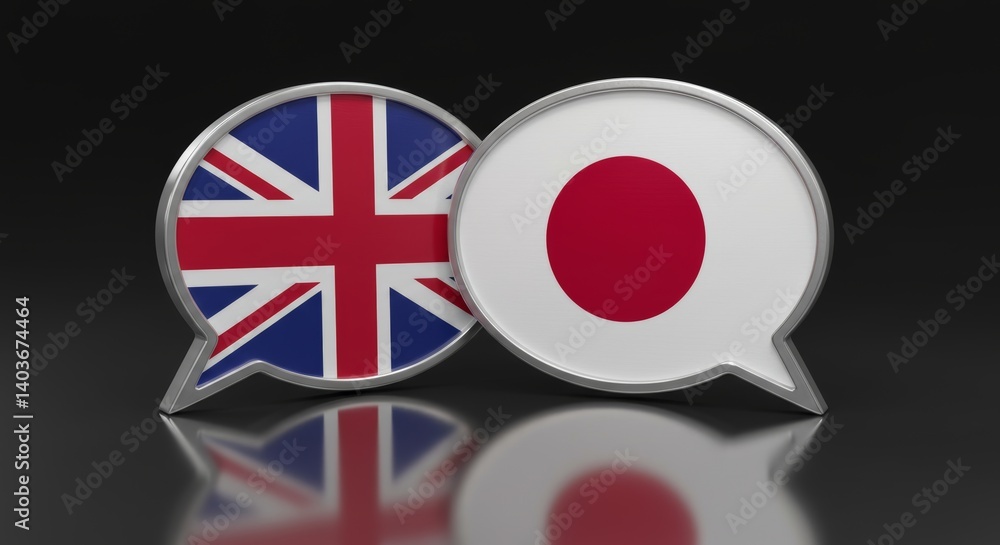 Obraz premium Diplomatic dialogue illustration with UK and Japan flag in overlapping speech bubbles