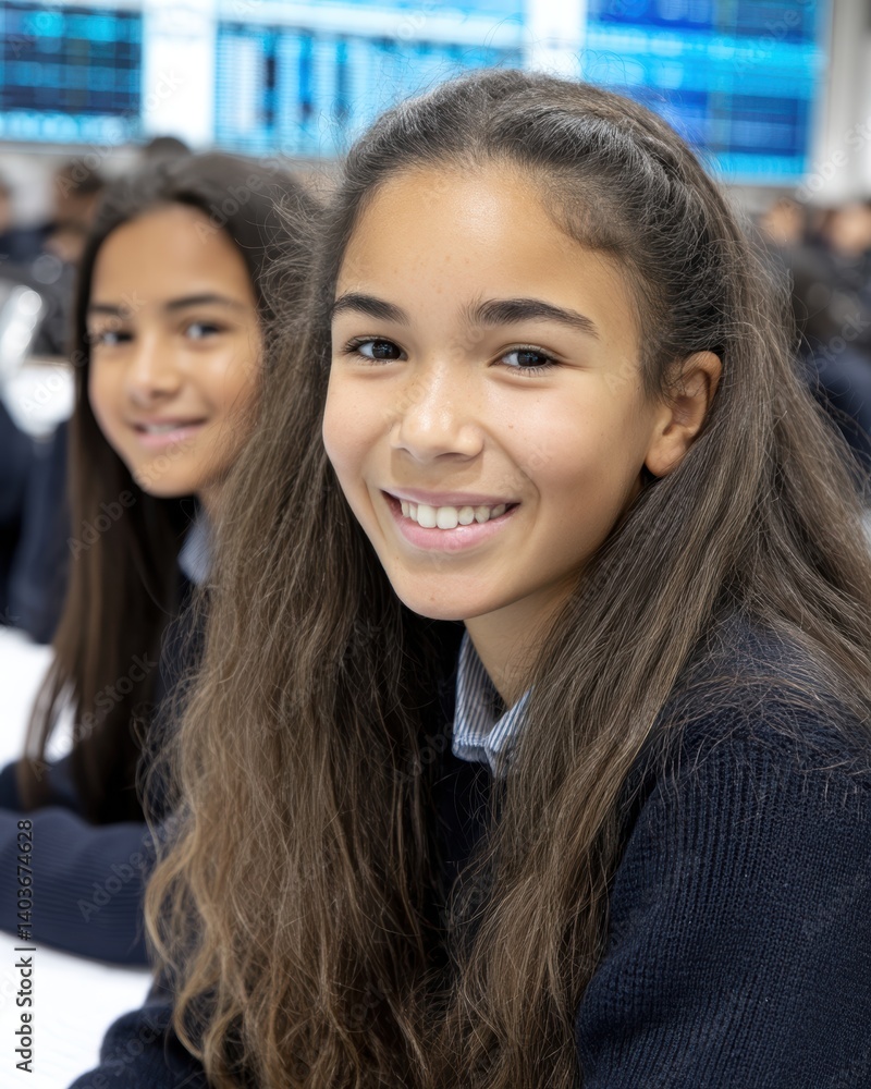 Young girls engaged in STEM learning activities within a vibrant classroom environment Young girls engaged in STEM learning activities within a vibrant classroom environment