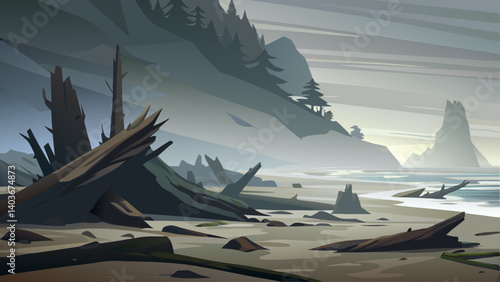 A desolate beach with a rocky shoreline and a mountain in the background. The sky is overcast and the sun is setting
