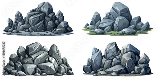 Pile of grey stone set. Rock cartoon. Cobble stone game objects. Boulder, stones and rocks element, isometric 3d flat style. 2d rock asset. Mountain grey stones. Vector pile grey rock stone, isolated 