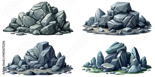 Pile of grey stone set. Rock cartoon. Cobble stone game objects. Boulder, stones and rocks element, isometric 3d flat style. 2d rock asset. Mountain grey stones. Vector pile grey rock stone, isolated 