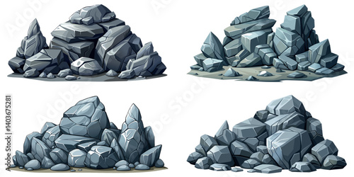 Pile of grey stone set. Rock cartoon. Cobble stone game objects. Boulder, stones and rocks element, isometric 3d flat style. 2d rock asset. Mountain grey stones. Vector pile grey rock stone, isolated 