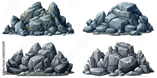 Pile of grey stone set. Rock cartoon. Cobble stone game objects. Boulder, stones and rocks element, isometric 3d flat style. 2d rock asset. Mountain grey stones. Vector pile grey rock stone, isolated 