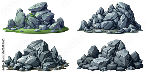 Pile of grey stone set. Rock cartoon. Cobble stone game objects. Boulder, stones and rocks element, isometric 3d flat style. 2d rock asset. Mountain grey stones. Vector pile grey rock stone, isolated 