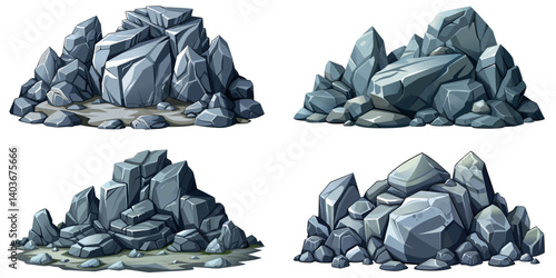 Pile of grey stone set. Rock cartoon. Cobble stone game objects. Boulder, stones and rocks element, isometric 3d flat style. 2d rock asset. Mountain grey stones. Vector pile grey rock stone, isolated 
