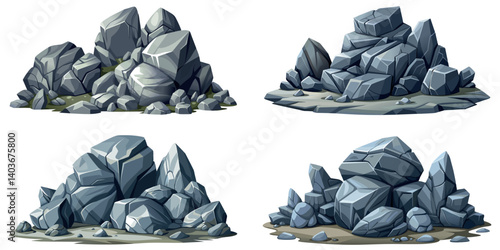 Pile of grey stone set. Rock cartoon. Cobble stone game objects. Boulder, stones and rocks element, isometric 3d flat style. 2d rock asset. Mountain grey stones. Vector pile grey rock stone, isolated 