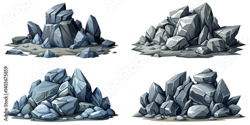 Pile of grey stone set. Rock cartoon. Cobble stone game objects. Boulder, stones and rocks element, isometric 3d flat style. 2d rock asset. Mountain grey stones. Vector pile grey rock stone, isolated 