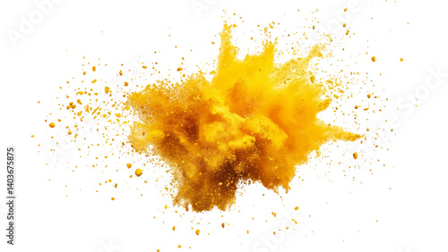 Holi paint explosion of dry yellow paints on a white transparent background.  Colorful holi powder on white background.
