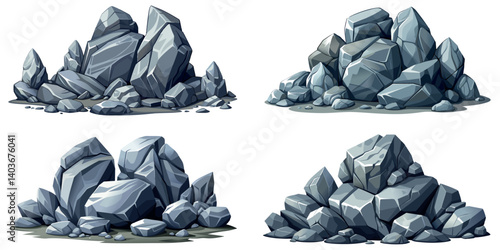 Pile of grey stone set. Rock cartoon. Cobble stone game objects. Boulder, stones and rocks element, isometric 3d flat style. 2d rock asset. Mountain grey stones. Vector pile grey rock stone, isolated 