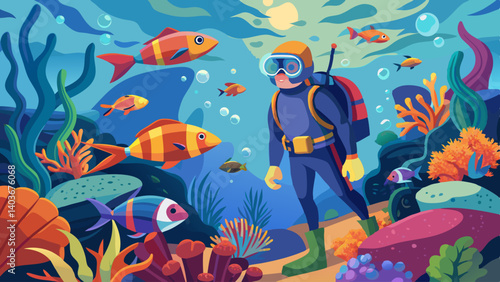 A man in a scuba suit is swimming in a colorful underwater scene with various fish and coral