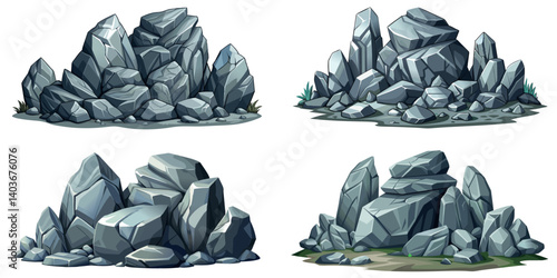 Pile of grey stone set. Rock cartoon. Cobble stone game objects. Boulder, stones and rocks element, isometric 3d flat style. 2d rock asset. Mountain grey stones. Vector pile grey rock stone, isolated 