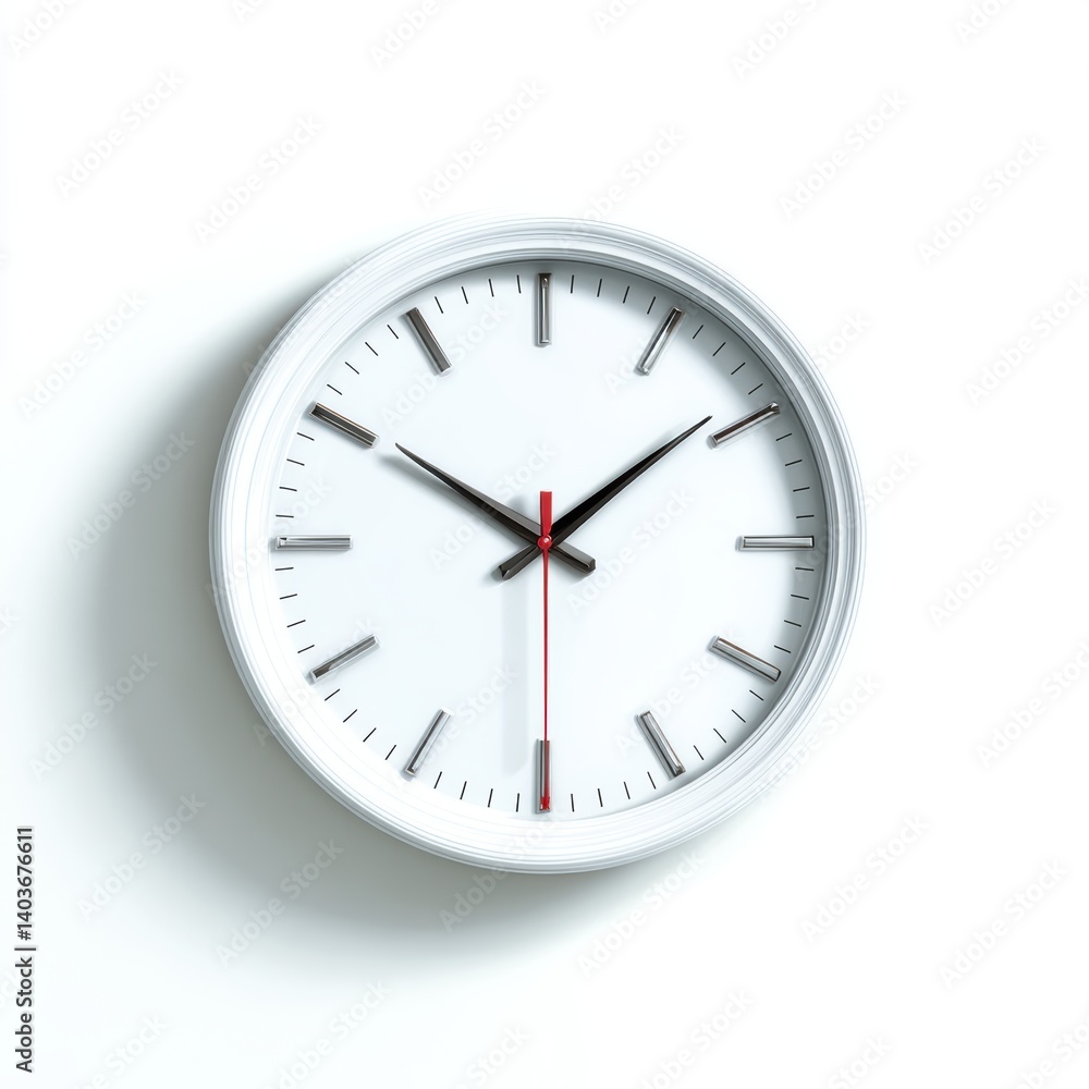 A simple, minimalist white clock on a wall, showing the time. Perfect for concepts related to time management, schedule, punctuality, and deadlines. A simple, minimalist white clock on a wall, showing the time. Perfect for concepts related to time management, schedule, punctuality, and deadlines.