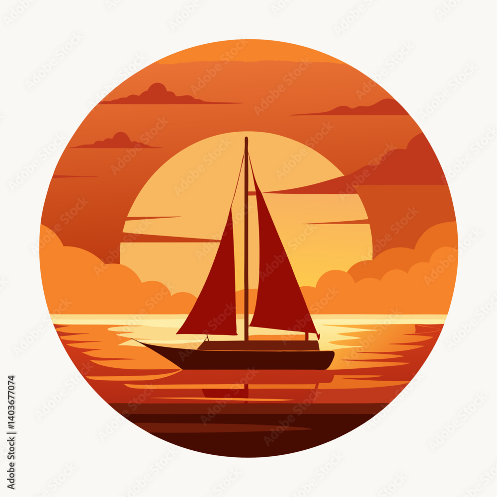 A sailboat is sailing on a calm ocean at sunset. The sky is orange and the sun is setting A sailboat is sailing on a calm ocean at sunset. The sky is orange and the sun is setting
