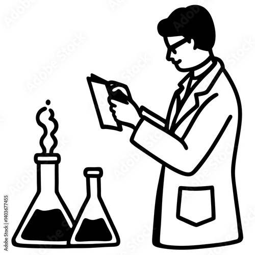 A silhouette of a researcher taking notes in a laboratory notebook while observing chemical reactions