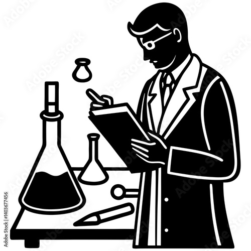 A silhouette of a researcher taking notes in a laboratory notebook while observing chemical reactions