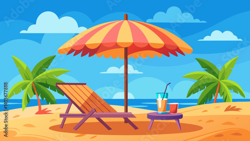 A beach scene with a striped chair, a table with a glass of orange juice, and an umbrella