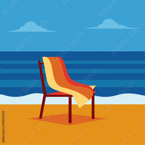 A chair is sitting on a beach with a towel draped over it. The chair is empty and the towel is orange and yellow. The beach is calm and peaceful, with the ocean in the background