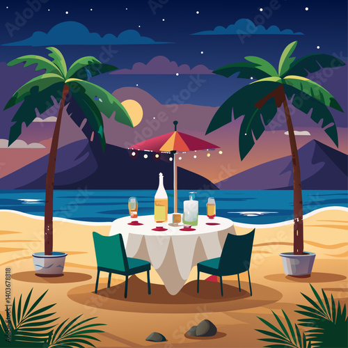 A beach scene with a table set for a romantic dinner. The table is surrounded by chairs and has a white tablecloth. There are wine glasses, bottles, and cups on the table. The atmosphere is warm