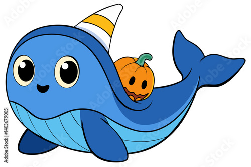 A cheerful blue whale wearing a party hat playfully hides a grinning jack-o'-lantern pumpkin in its belly, creating a whimsical Halloween scene with bold outlines and bright colors.