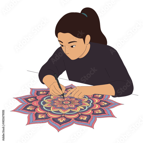 Girl creating intricate mandala design in flat vector illustration style