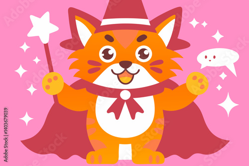 A cheerful orange cat wizard casts a happy spell, sharing joyful magic with a friendly speech bubble on a bright pink background.